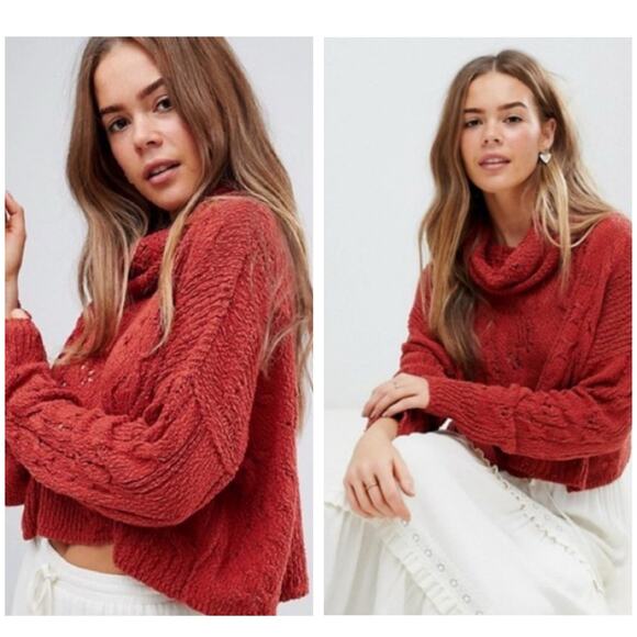 Free People Sweaters - Free People Shades Of Dawn Pullover Sweater Size Large Cowl Neck Chunky Rust Red